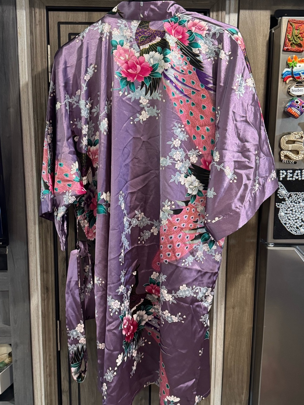 EUC Purple Floral Satin Kimono Robe with Peacocks and Flowers - Picture 3 of 9